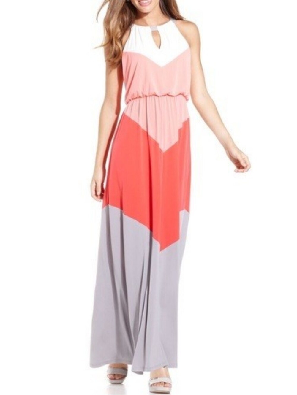 Vince Camuto Coral, Pink & Gray Colorblock Halter Maxi Dress...Size:4